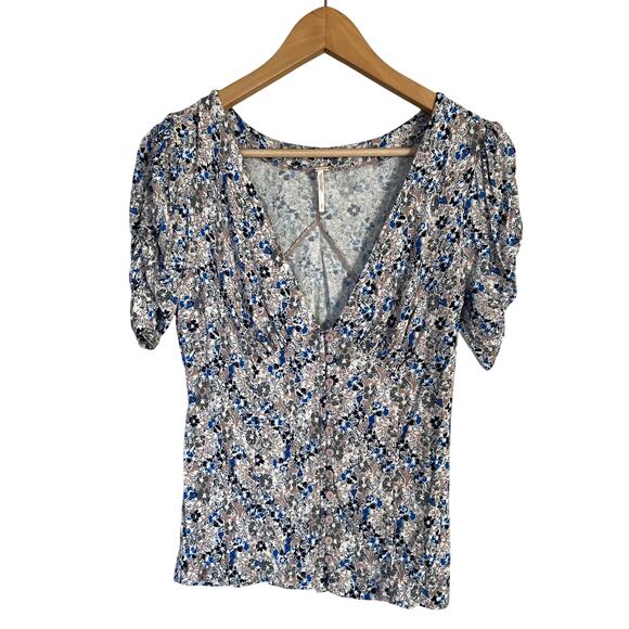 Free People Peasant Top Women's Hollywood Floral V-Neck Ruched Sleeve Top Size S - Picture 2 of 10